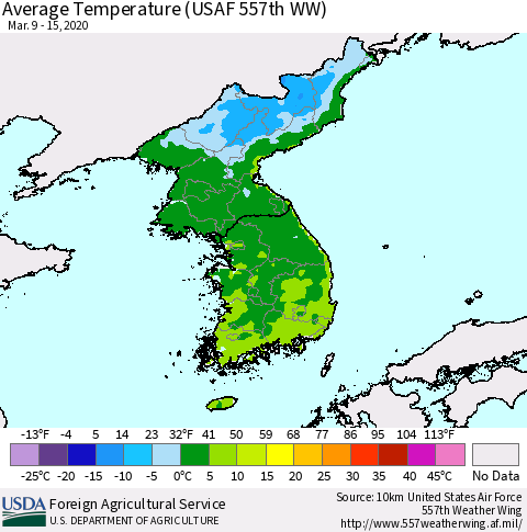 Korea Average Temperature (USAF 557th WW) Thematic Map For 3/9/2020 - 3/15/2020