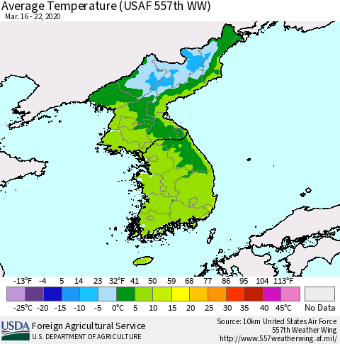 Korea Average Temperature (USAF 557th WW) Thematic Map For 3/16/2020 - 3/22/2020