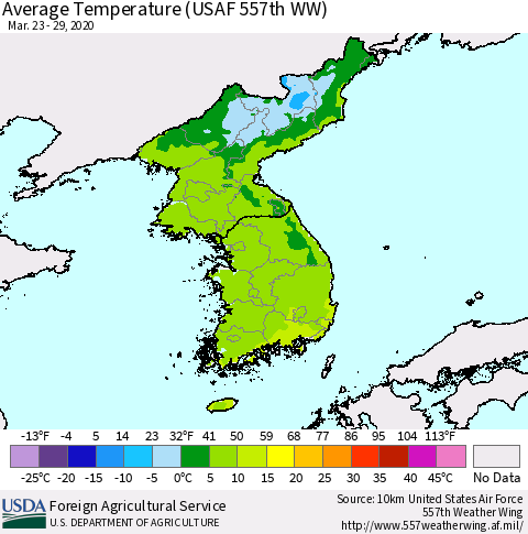 Korea Average Temperature (USAF 557th WW) Thematic Map For 3/23/2020 - 3/29/2020