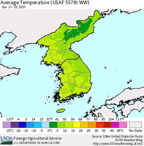 Korea Average Temperature (USAF 557th WW) Thematic Map For 4/13/2020 - 4/19/2020