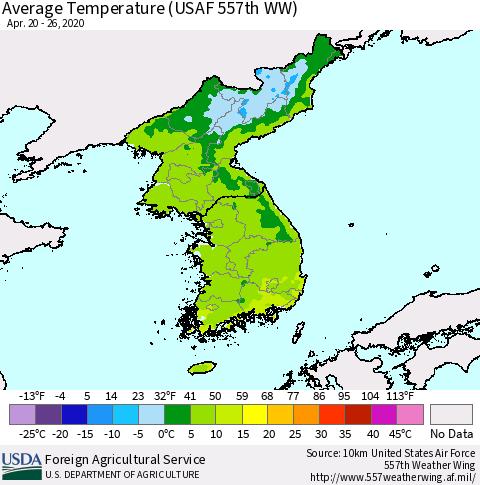 Korea Average Temperature (USAF 557th WW) Thematic Map For 4/20/2020 - 4/26/2020