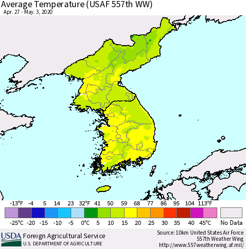 Korea Average Temperature (USAF 557th WW) Thematic Map For 4/27/2020 - 5/3/2020