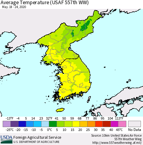 Korea Average Temperature (USAF 557th WW) Thematic Map For 5/18/2020 - 5/24/2020
