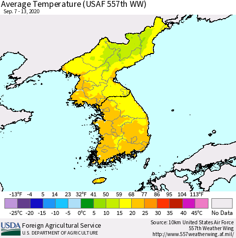 Korea Average Temperature (USAF 557th WW) Thematic Map For 9/7/2020 - 9/13/2020
