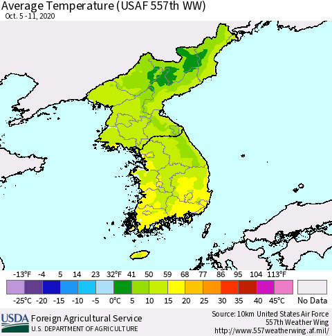 Korea Average Temperature (USAF 557th WW) Thematic Map For 10/5/2020 - 10/11/2020
