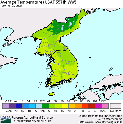 Korea Average Temperature (USAF 557th WW) Thematic Map For 10/19/2020 - 10/25/2020