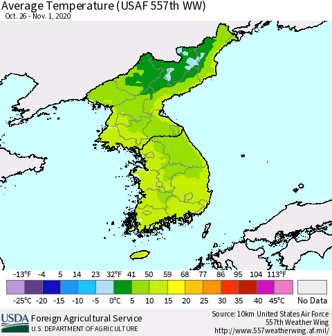 Korea Average Temperature (USAF 557th WW) Thematic Map For 10/26/2020 - 11/1/2020