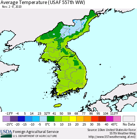 Korea Average Temperature (USAF 557th WW) Thematic Map For 11/2/2020 - 11/8/2020