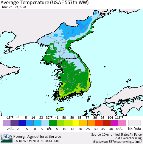 Korea Average Temperature (USAF 557th WW) Thematic Map For 11/23/2020 - 11/29/2020
