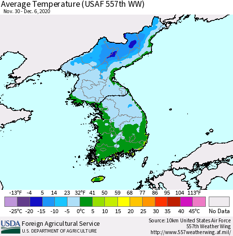Korea Average Temperature (USAF 557th WW) Thematic Map For 11/30/2020 - 12/6/2020