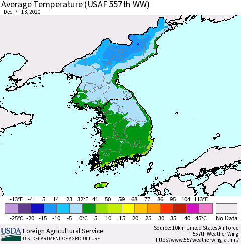 Korea Average Temperature (USAF 557th WW) Thematic Map For 12/7/2020 - 12/13/2020