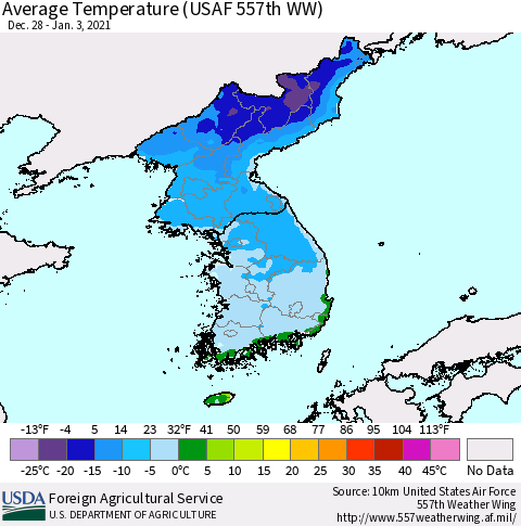 Korea Average Temperature (USAF 557th WW) Thematic Map For 12/28/2020 - 1/3/2021