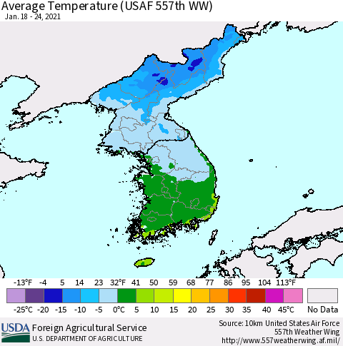 Korea Average Temperature (USAF 557th WW) Thematic Map For 1/18/2021 - 1/24/2021