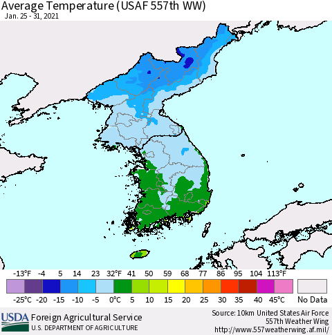 Korea Average Temperature (USAF 557th WW) Thematic Map For 1/25/2021 - 1/31/2021