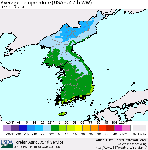 Korea Average Temperature (USAF 557th WW) Thematic Map For 2/8/2021 - 2/14/2021