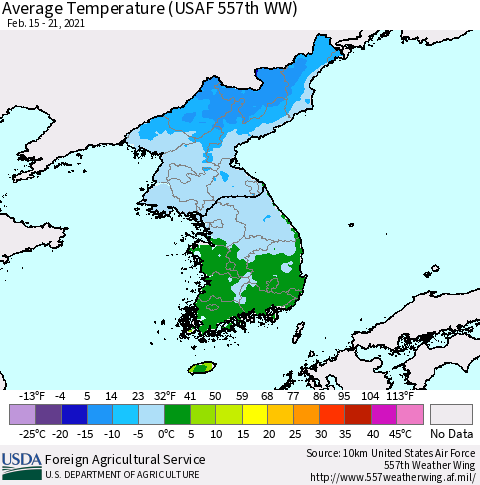 Korea Average Temperature (USAF 557th WW) Thematic Map For 2/15/2021 - 2/21/2021