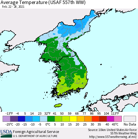 Korea Average Temperature (USAF 557th WW) Thematic Map For 2/22/2021 - 2/28/2021