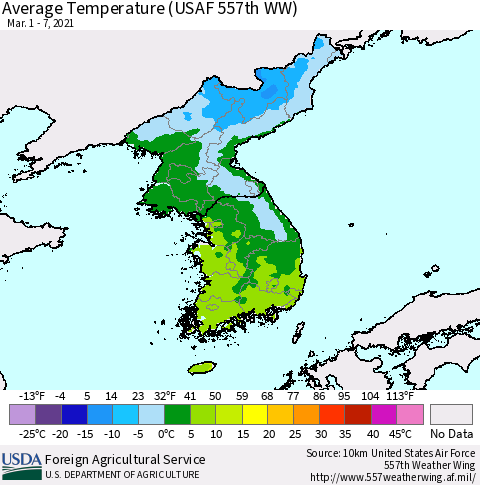 Korea Average Temperature (USAF 557th WW) Thematic Map For 3/1/2021 - 3/7/2021