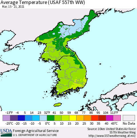 Korea Average Temperature (USAF 557th WW) Thematic Map For 3/15/2021 - 3/21/2021