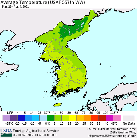 Korea Average Temperature (USAF 557th WW) Thematic Map For 3/29/2021 - 4/4/2021