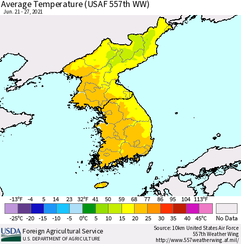 Korea Average Temperature (USAF 557th WW) Thematic Map For 6/21/2021 - 6/27/2021