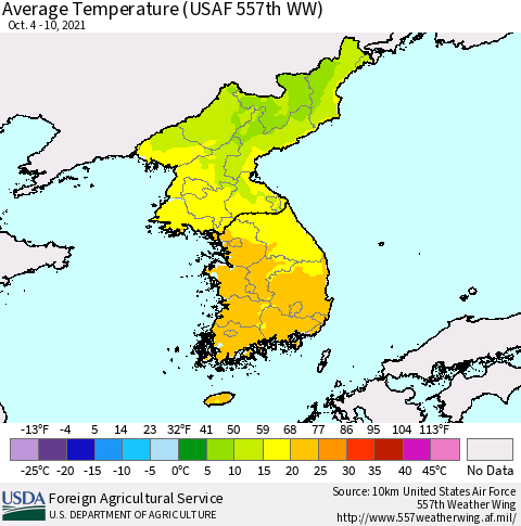 Korea Average Temperature (USAF 557th WW) Thematic Map For 10/4/2021 - 10/10/2021