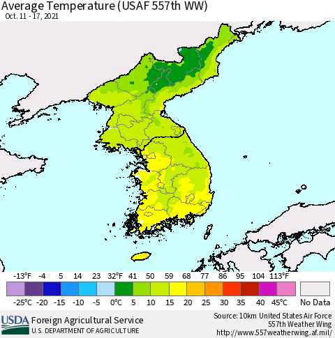 Korea Average Temperature (USAF 557th WW) Thematic Map For 10/11/2021 - 10/17/2021