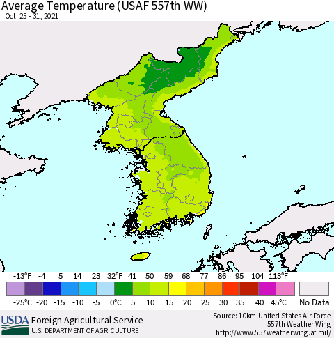 Korea Average Temperature (USAF 557th WW) Thematic Map For 10/25/2021 - 10/31/2021