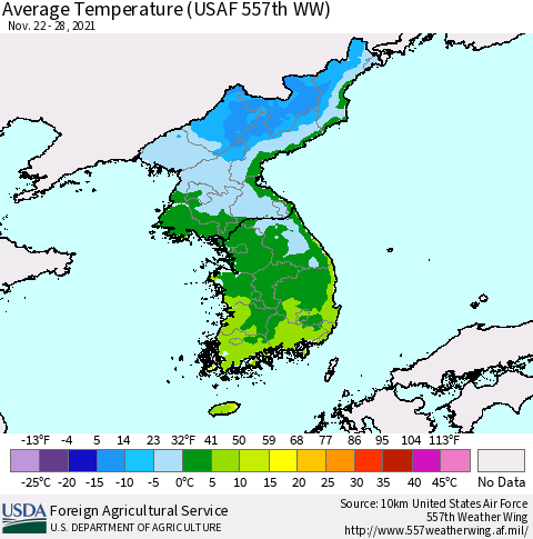 Korea Average Temperature (USAF 557th WW) Thematic Map For 11/22/2021 - 11/28/2021