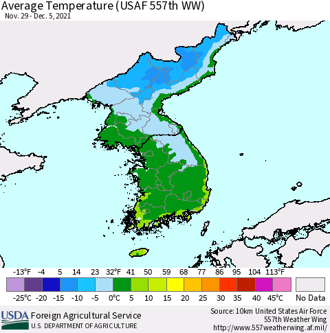 Korea Average Temperature (USAF 557th WW) Thematic Map For 11/29/2021 - 12/5/2021