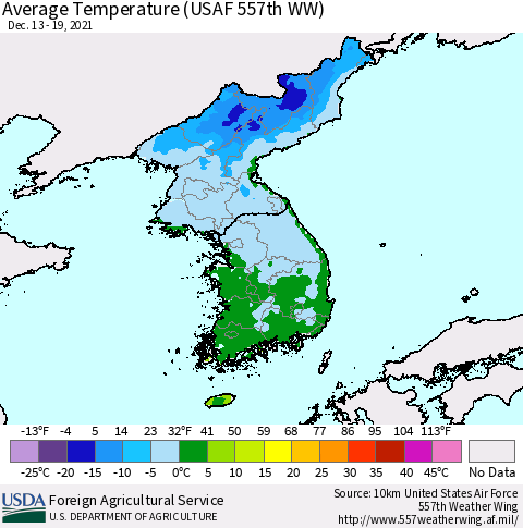 Korea Average Temperature (USAF 557th WW) Thematic Map For 12/13/2021 - 12/19/2021