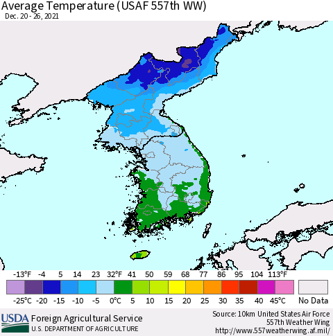 Korea Average Temperature (USAF 557th WW) Thematic Map For 12/20/2021 - 12/26/2021