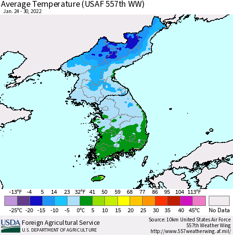 Korea Average Temperature (USAF 557th WW) Thematic Map For 1/24/2022 - 1/30/2022