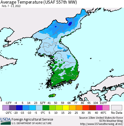 Korea Average Temperature (USAF 557th WW) Thematic Map For 2/7/2022 - 2/13/2022