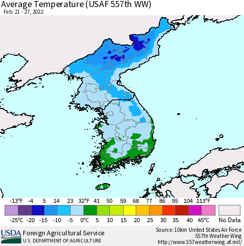 Korea Average Temperature (USAF 557th WW) Thematic Map For 2/21/2022 - 2/27/2022