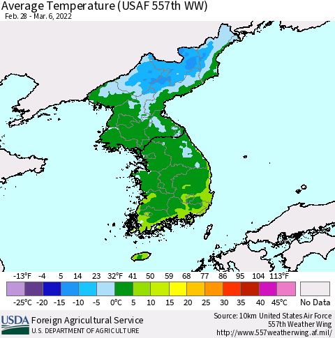 Korea Average Temperature (USAF 557th WW) Thematic Map For 2/28/2022 - 3/6/2022