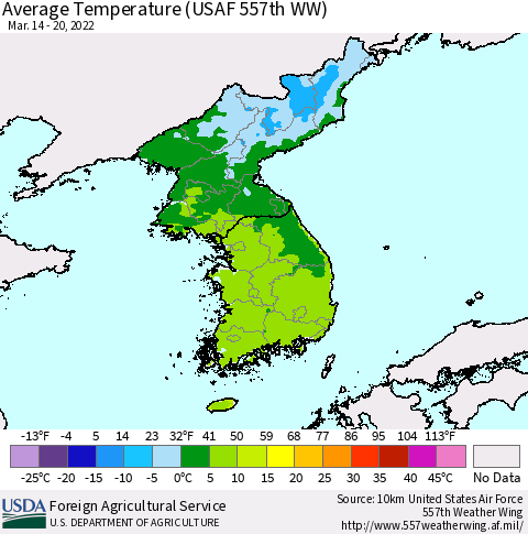 Korea Average Temperature (USAF 557th WW) Thematic Map For 3/14/2022 - 3/20/2022