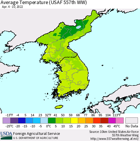 Korea Average Temperature (USAF 557th WW) Thematic Map For 4/4/2022 - 4/10/2022