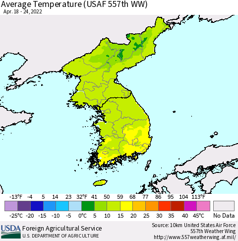Korea Average Temperature (USAF 557th WW) Thematic Map For 4/18/2022 - 4/24/2022