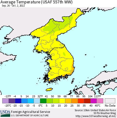 Korea Average Temperature (USAF 557th WW) Thematic Map For 9/26/2022 - 10/2/2022