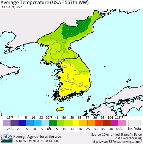 Korea Average Temperature (USAF 557th WW) Thematic Map For 10/3/2022 - 10/9/2022