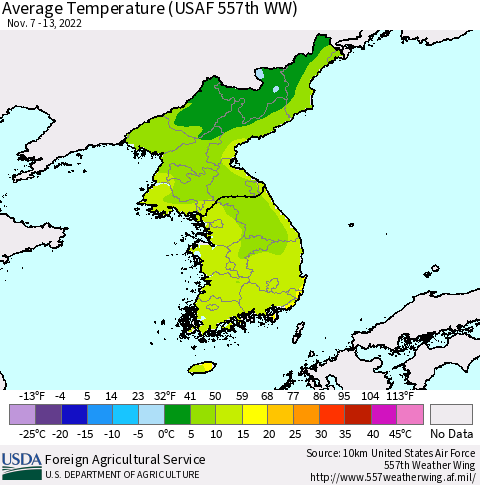 Korea Average Temperature (USAF 557th WW) Thematic Map For 11/7/2022 - 11/13/2022