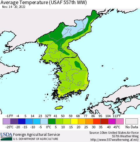 Korea Average Temperature (USAF 557th WW) Thematic Map For 11/14/2022 - 11/20/2022