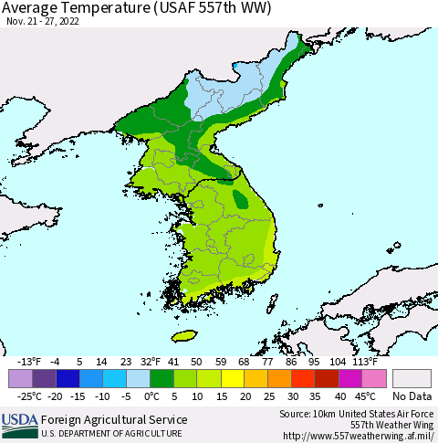 Korea Average Temperature (USAF 557th WW) Thematic Map For 11/21/2022 - 11/27/2022