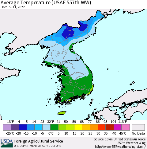 Korea Average Temperature (USAF 557th WW) Thematic Map For 12/5/2022 - 12/11/2022