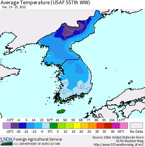 Korea Average Temperature (USAF 557th WW) Thematic Map For 12/19/2022 - 12/25/2022