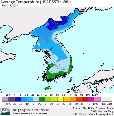 Korea Average Temperature (USAF 557th WW) Thematic Map For 1/2/2023 - 1/8/2023