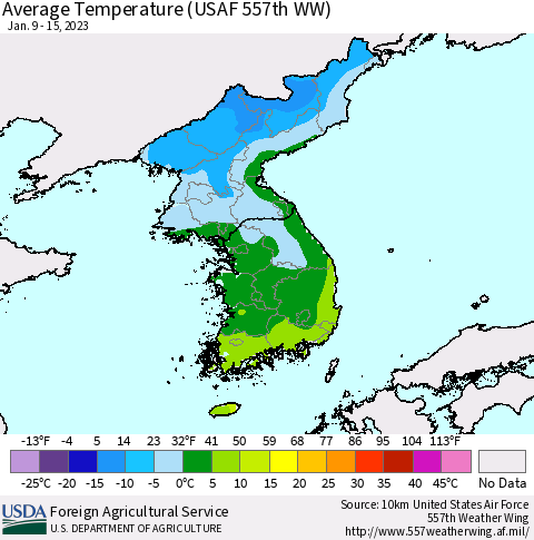 Korea Average Temperature (USAF 557th WW) Thematic Map For 1/9/2023 - 1/15/2023