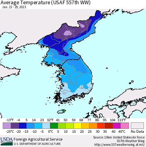 Korea Average Temperature (USAF 557th WW) Thematic Map For 1/23/2023 - 1/29/2023
