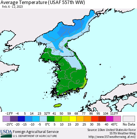 Korea Average Temperature (USAF 557th WW) Thematic Map For 2/6/2023 - 2/12/2023